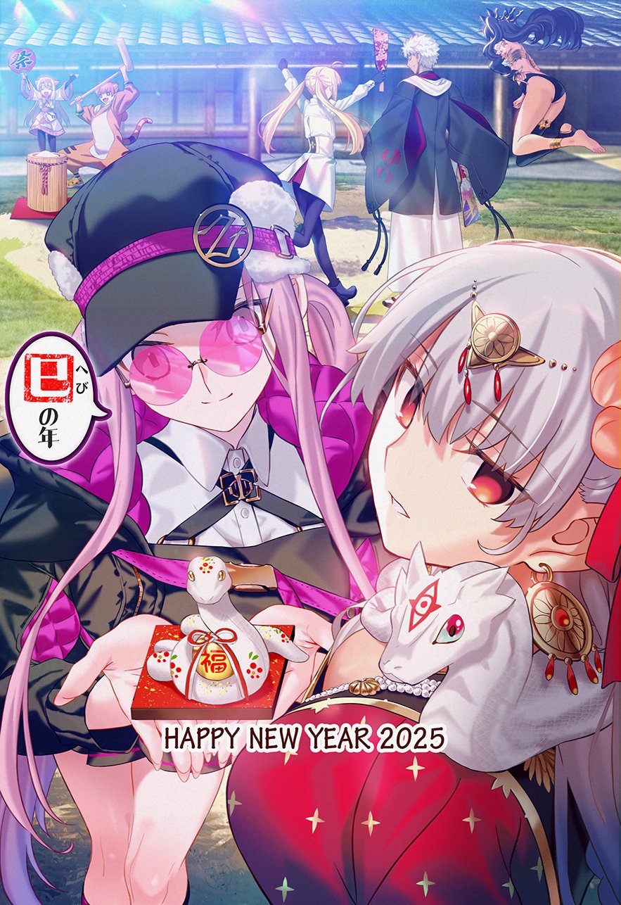 1boy 6+girls aora artoria_caster_(fate) artoria_caster_(second_ascension)_(fate) artoria_pendragon_(fate) black_dress black_hat black_jacket blush breasts circlet cleavage collared_shirt dress durga_(fate) durga_(second_ascension)_(fate) earrings emiya_shirou fate/grand_order fate_(series) flower fur-trimmed_headwear fur_trim glasses gold_trim grey_hair hair_flower hair_ornament hair_ribbon hat highres indian_clothes ishtar_(fate) jacket jaguarman_(fate) jewelry large_breasts long_hair long_sleeves looking_at_viewer medusa_(fate) medusa_(saber)_(fate) medusa_(saber)_(first_ascension)_(fate) multiple_girls necklace parted_bangs pink-tinted_eyewear purple_eyes purple_hair red_dress red_eyes ribbon round_eyewear sari senji_muramasa_(fate) senji_muramasa_(third_ascension)_(fate) shirt sidelocks sitonai_(fate) snake tinted_eyewear twintails very_long_hair white_shirt
