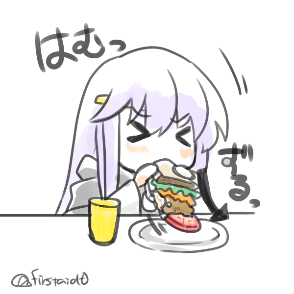 &gt;_&lt; 1girl blush chibi circlet cup eating fire_emblem fire_emblem:_genealogy_of_the_holy_war food julia_(fire_emblem) long_hair nintendo purple_hair sandwich simple_background sitting solo table yukia_(firstaid0)