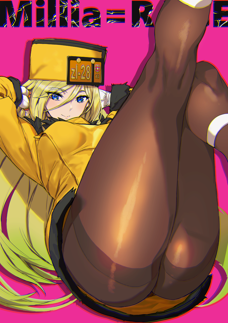 1girl arms_behind_head ashiomi_masato blonde_hair blue_eyes brown_pantyhose character_name commentary dress fingerless_gloves fur_hat gloves guilty_gear guilty_gear_xrd hat legs legs_up long_hair millia_rage pantyhose sitting smile solo thick_thighs thighband_pantyhose thighs tights_day yellow_dress yellow_hat