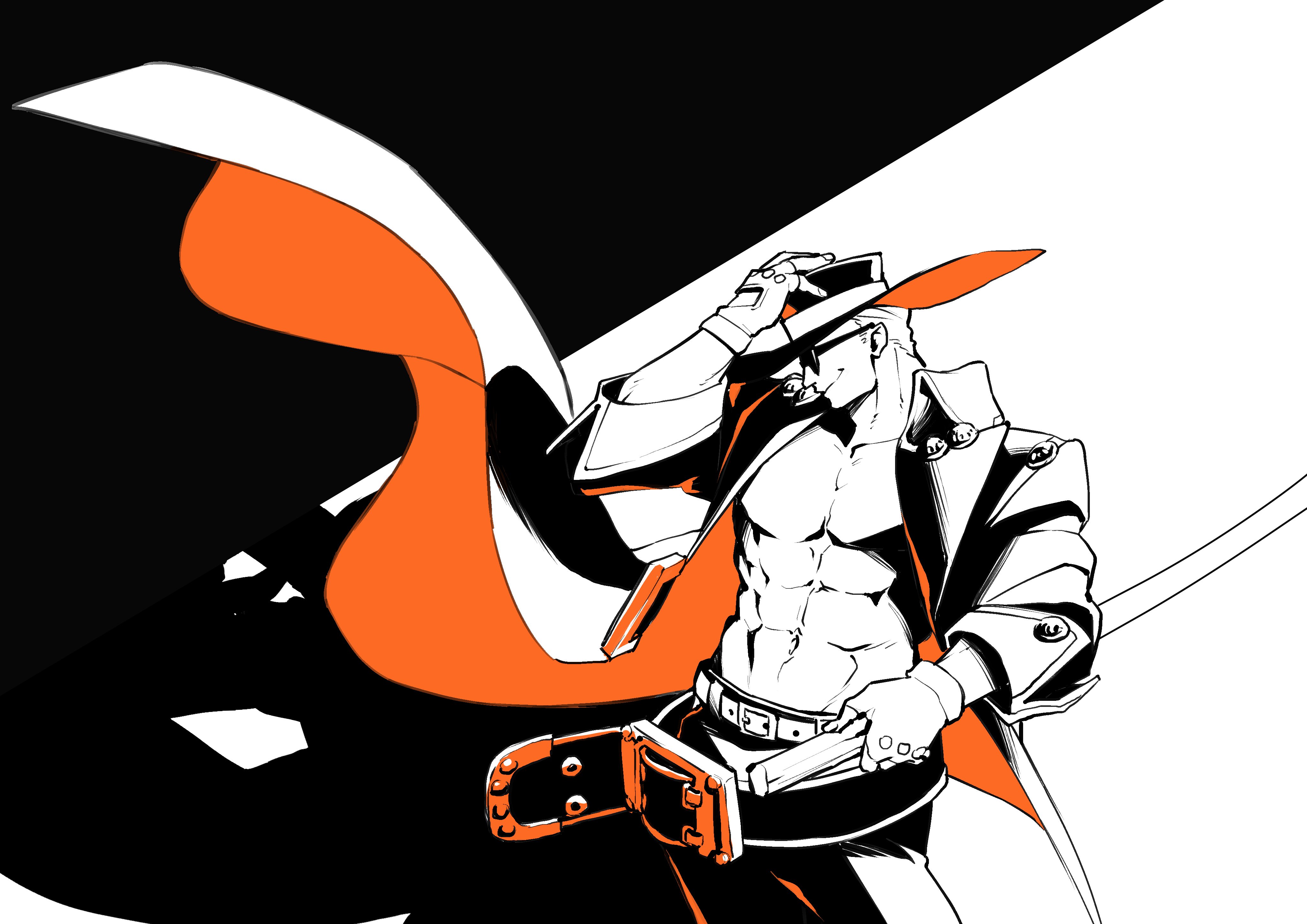 1boy abs absurdres belt coat commentary_request fingerless_gloves gloves guilty_gear hat highres johnny_(guilty_gear) limited_palette male_focus mitsuya_ryo muscular muscular_male no_shirt open_clothes open_coat profile smile solo sunglasses wide_brim