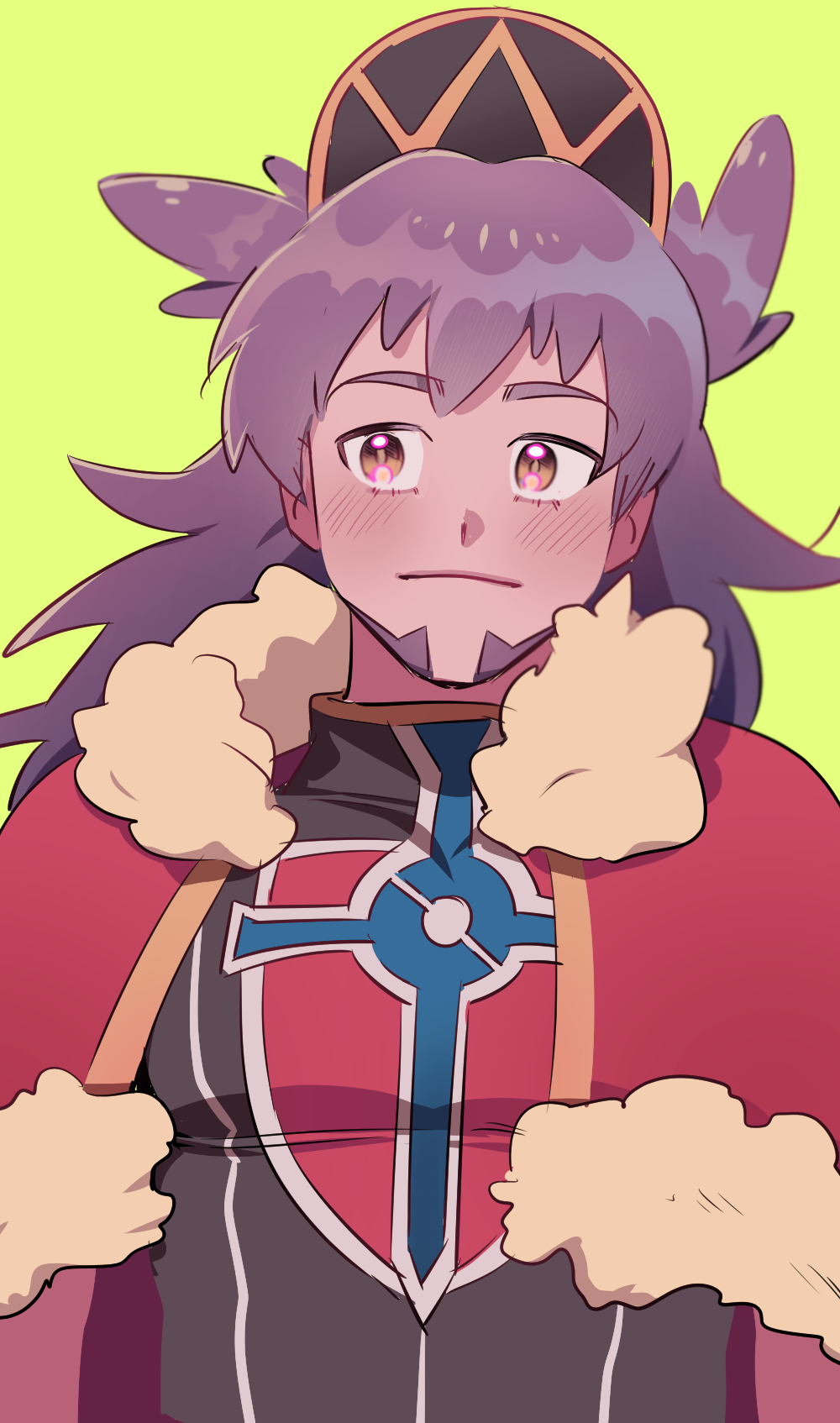 1boy baseball_cap blush cape champion_uniform closed_mouth commentary_request dark-skinned_male dark_skin facial_hair fur-trimmed_cape fur_trim green_background hat highres leon_(pokemon) long_hair male_focus mongz nintendo pokemon pokemon_swsh purple_hair red_cape shield_print shirt solo sword_print upper_body