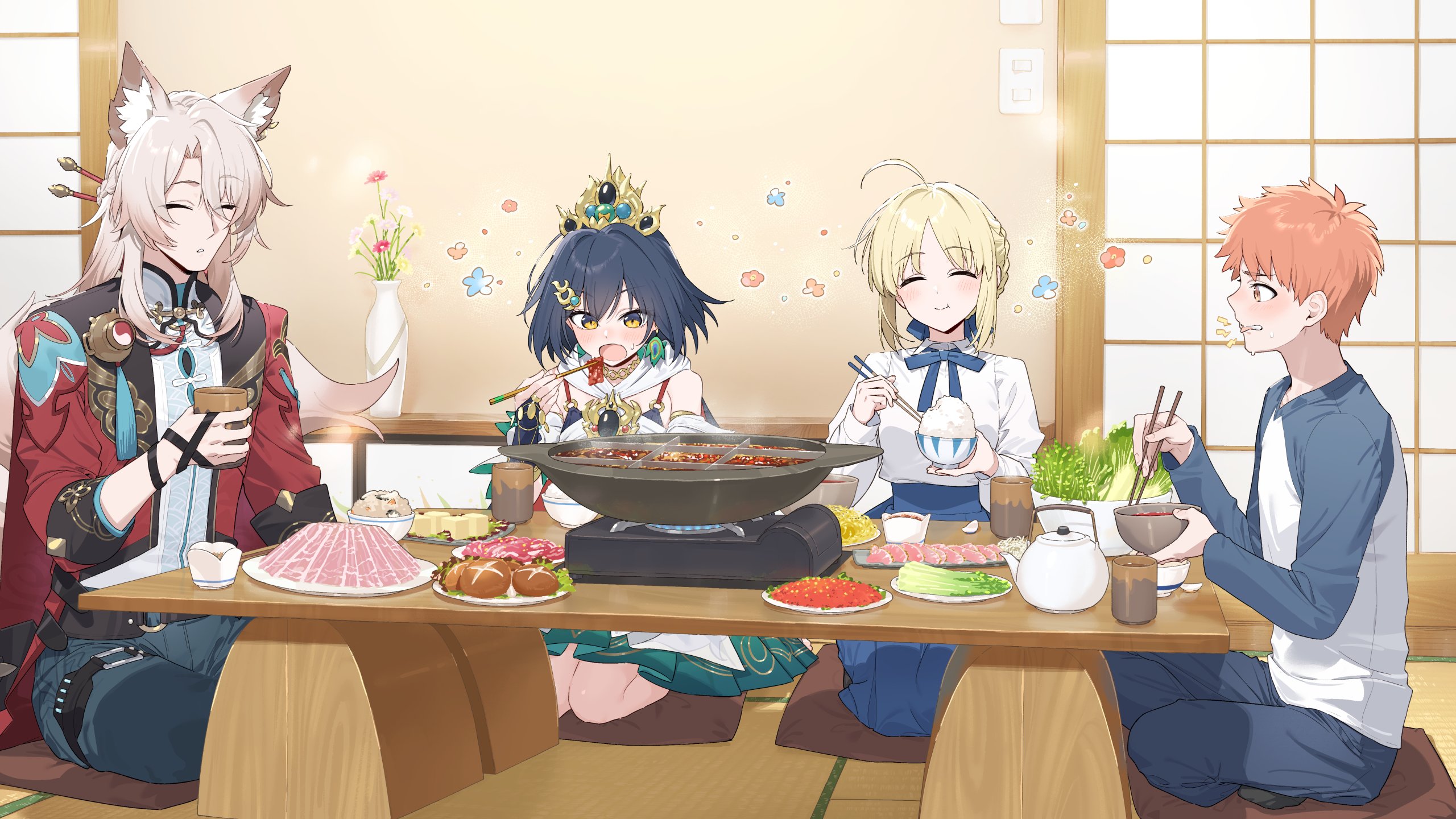 2boys 2girls artoria_pendragon_(fate) black_hair blonde_hair crossover eating emiya_shirou fate/stay_night fate_(series) food happy hayashi_kewi highres holding holding_food honkai:_star_rail honkai_(series) jiaoqiu_(honkai:_star_rail) multiple_boys multiple_girls orange_hair saber_(fate) smile table white_hair yunli_(honkai:_star_rail)