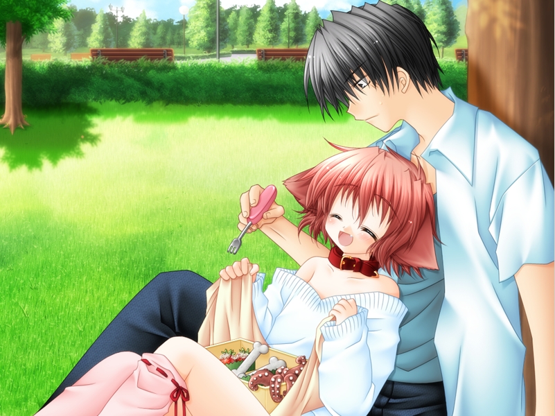 1boy 1girl :d ^_^ against_tree animal_ears asymmetrical_clothes bare_shoulders bench bento black_hair blush bone child closed_eyes collar couple day dog_ears eating fang flat_chest food fork game_cg grass happy hetero hinata_(pure_pure) holding holding_fork kneehighs nature no_pants octopus off_shoulder open_clothes open_mouth open_shirt outdoors picnic pink_hair pink_thighhighs profile pure_pure reclining ribbon sakurazawa_izumi shirt short_hair sitting sitting_on_lap sitting_on_person smile socks sweater thighhighs tree yuuki_jun