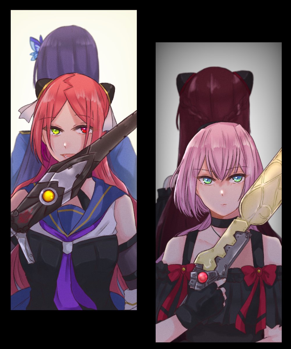 4girls aqua_eyes arm_at_side assault_lily back-to-back bare_shoulders black_background black_choker black_dress black_gloves black_shirt blue_jacket blue_sailor_collar blurry blurry_background bow braid brown_hair butterfly_hair_ornament choker closed_mouth commentary_request detached_sleeves dress dress_bow epaulettes facing_away fingerless_gloves frilled_dress frills funada_kiito gloves gozen_(assault_lily) green_eyes grey_background hair_between_eyes hair_ornament hairpods half_updo hand_up heterochromia highres holding holding_sword holding_weapon jacket layered_sleeves long_hair looking_at_viewer lower_teeth_only multiple_girls neckerchief nigari_(ngari_0115) odaiba_girls_high_school_uniform parted_bangs parted_lips pink_hair purple_hair purple_neckerchief red_bow red_eyes red_hair sailor_collar school_uniform serafuku shiba_tomoshibi shirt short_sleeves sleeveless sleeveless_shirt smile sword teeth toda_eulalia_kotohi two-tone_shirt upper_body very_long_hair weapon white_background white_shirt