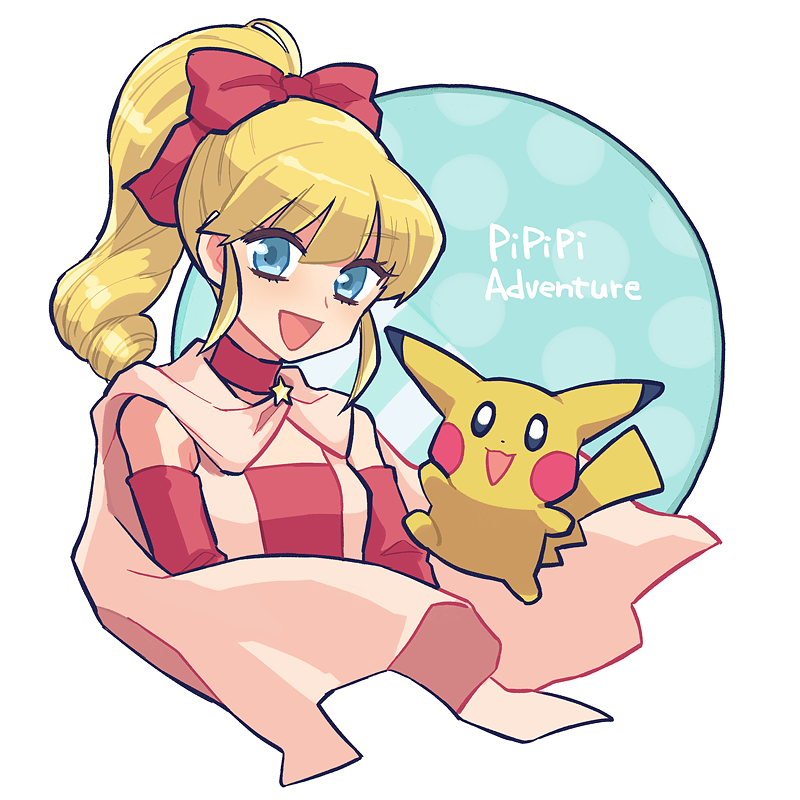 1girl :d blonde_hair blue_background blue_eyes breasts cape copyright_name creature gen_1_pokemon hair_ribbon hazel_(pokemon) jumping long_hair looking_at_viewer magical_pokemon_journey mayuzumi nintendo open_mouth pikachu pokemon pokemon_(creature) ponytail red_ribbon ribbon small_breasts smile upper_body