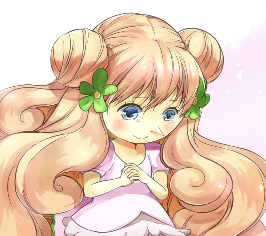 1girl blonde_hair blue_eyes blush crying curly_hair double_bun emi female_focus flower hair_bun hair_flower hair_ornament long_hair mansherry_(one_piece) one_piece solo