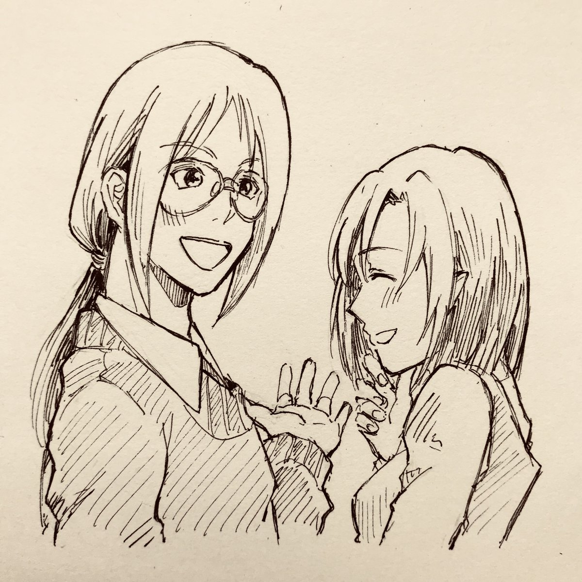 1boy 1girl collared_shirt closed_eyes glasses hand_drawn highres husband_and_wife jenius_maximilian jenius_milia laughing long_hair macross macross_7 monochrome open_mouth paper pointy_ears ponytail shirt sidelocks sweater yumekijiiro