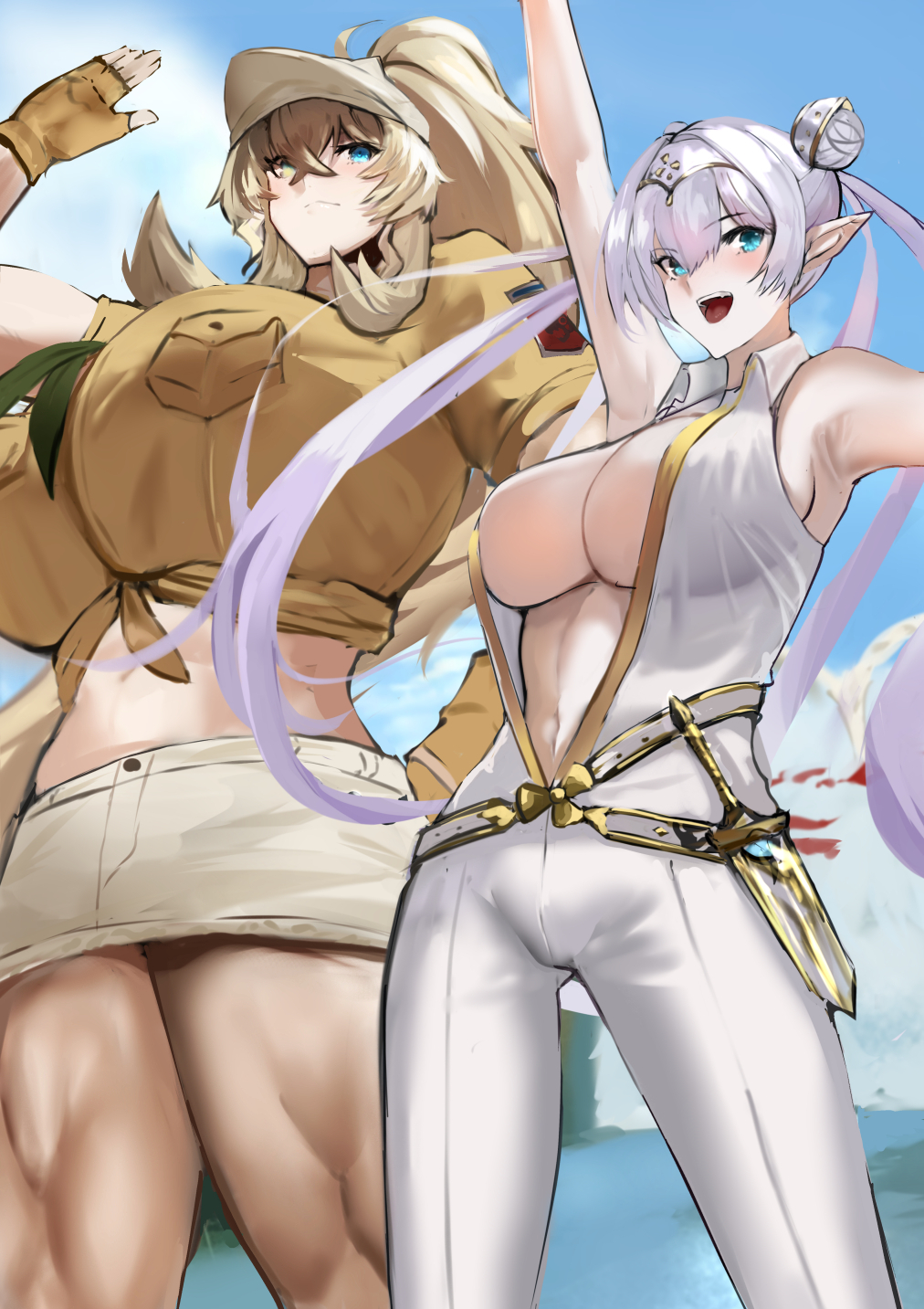 2girls abs arm_up bare_shoulders barghest_(fate) barghest_(swimsuit_archer)_(first_ascension)_(fate) beach biceps blonde_hair blue_eyes blue_sky blush bodysuit breasts britomart_(fate) britomart_(second_ascension)_(fate) center_opening cleavage dagger double_bun fate/grand_order fate_(series) fingerless_gloves gloves gold_trim green_eyes grey_hair grey_headwear grey_skirt hair_bun hairband hat heterochromia high_ponytail highres huge_breasts jikihatiman knife large_breasts long_hair looking_at_viewer midriff miniskirt multiple_girls muscular muscular_female navel neckerchief pencil_skirt pointy_ears ponytail shirt short_sleeves sidelocks skirt sky sleeveless smile thick_thighs thighs tied_shirt twintails very_long_hair weapon white_bodysuit yellow_gloves yellow_shirt