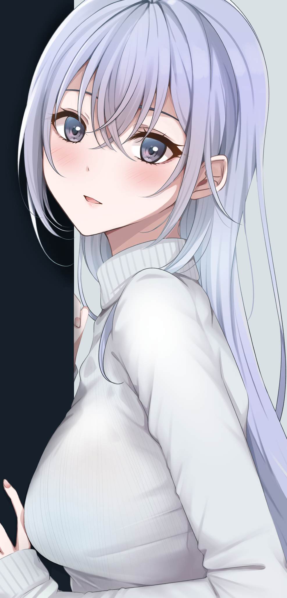 1girl blue_hair blush breasts commentary dot_nose from_side grey_hairband hair_between_eyes hairband highres idolmaster idolmaster_shiny_colors idolmaster_shiny_colors_song_for_prism long_hair long_sleeves looking_at_viewer medium_breasts parted_lips purple_eyes sleeves_past_wrists smile solo suzuki_hana sweater turtleneck turtleneck_sweater upper_body white_sweater yuzuyu_(hyui)