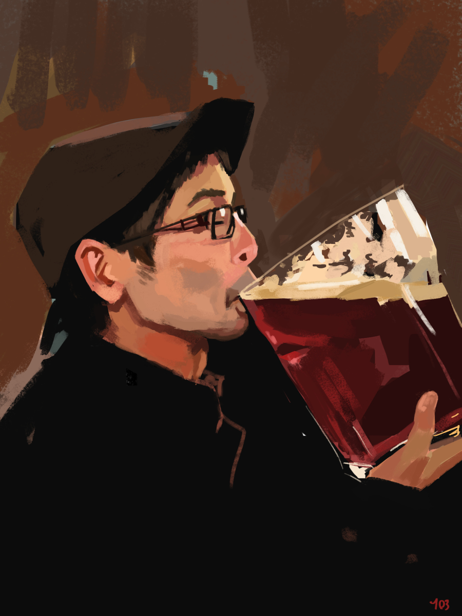 103anon 1boy alcohol beer beer_glass black-framed_eyewear brown_background brown_hair brown_headwear drinking from_side highres long_sleeves photo-referenced photorealistic real_life realistic short_hair simple_background very_short_hair zun