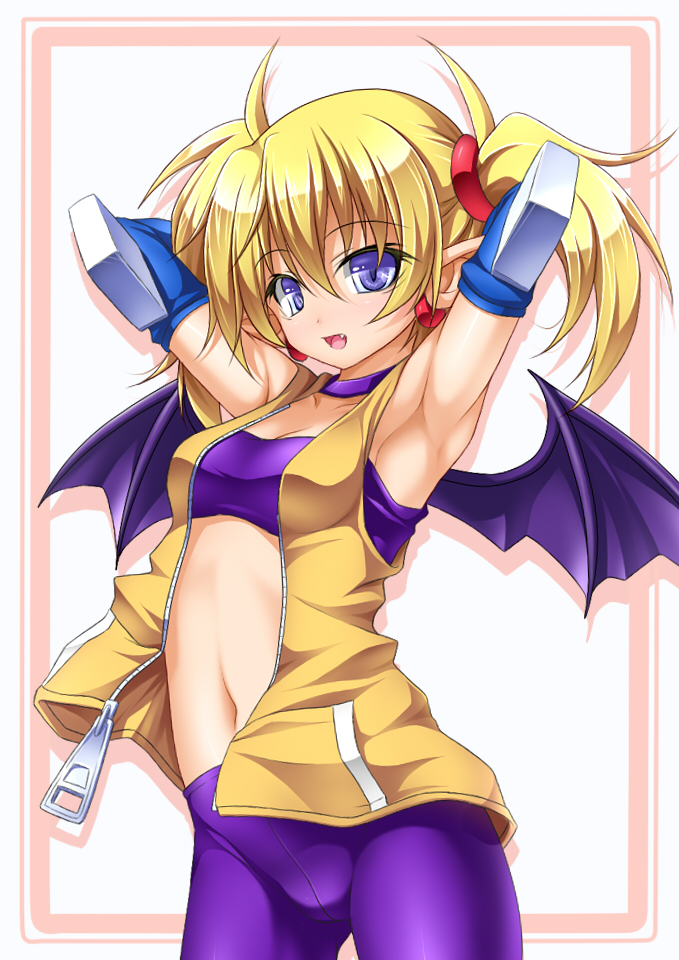 1girl arcana_heart armpits arms_behind_head arms_up bat_wings bike_shorts blonde_hair blue_eyes fang female_focus lilica_felchenerow midriff navel pointy_ears roura short_twintails simple_background solo strapless striped_background tube_top twintails wings