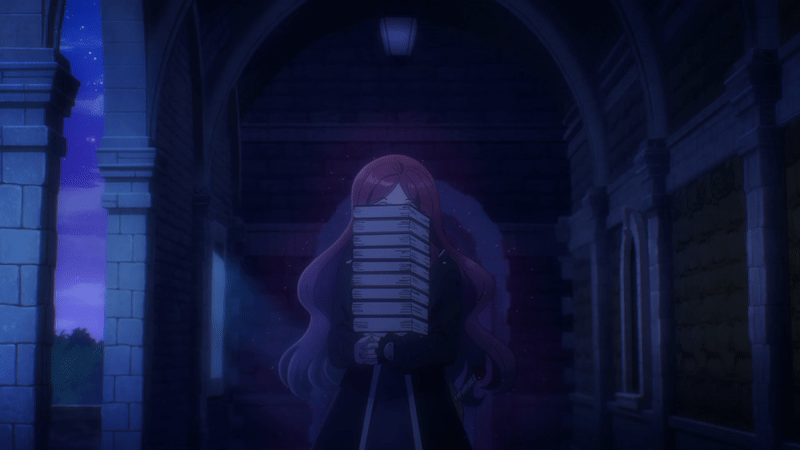 1girl animated animated_gif anime_screenshot carrying long_hair nanatsu_no_maken_ga_shihai_suru ophelia_salvadon purple_eyes purple_hair solo stack_of_books