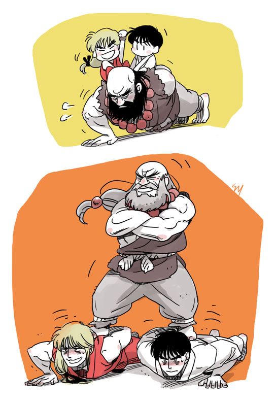 3boys age_comparison aged_down balding barefoot black_hair blonde_hair blush_stickers child clenched_hand crossed_arms dougi exercising facial_hair gouken kamei_(yokoshima-ko) ken_masters long_hair low-tied_long_hair male_focus multiple_boys muscular mustache old old_man push-ups ryu_(street_fighter) signature sitting sitting_on_person sleeveless street_fighter sweatdrop white_hair |_|