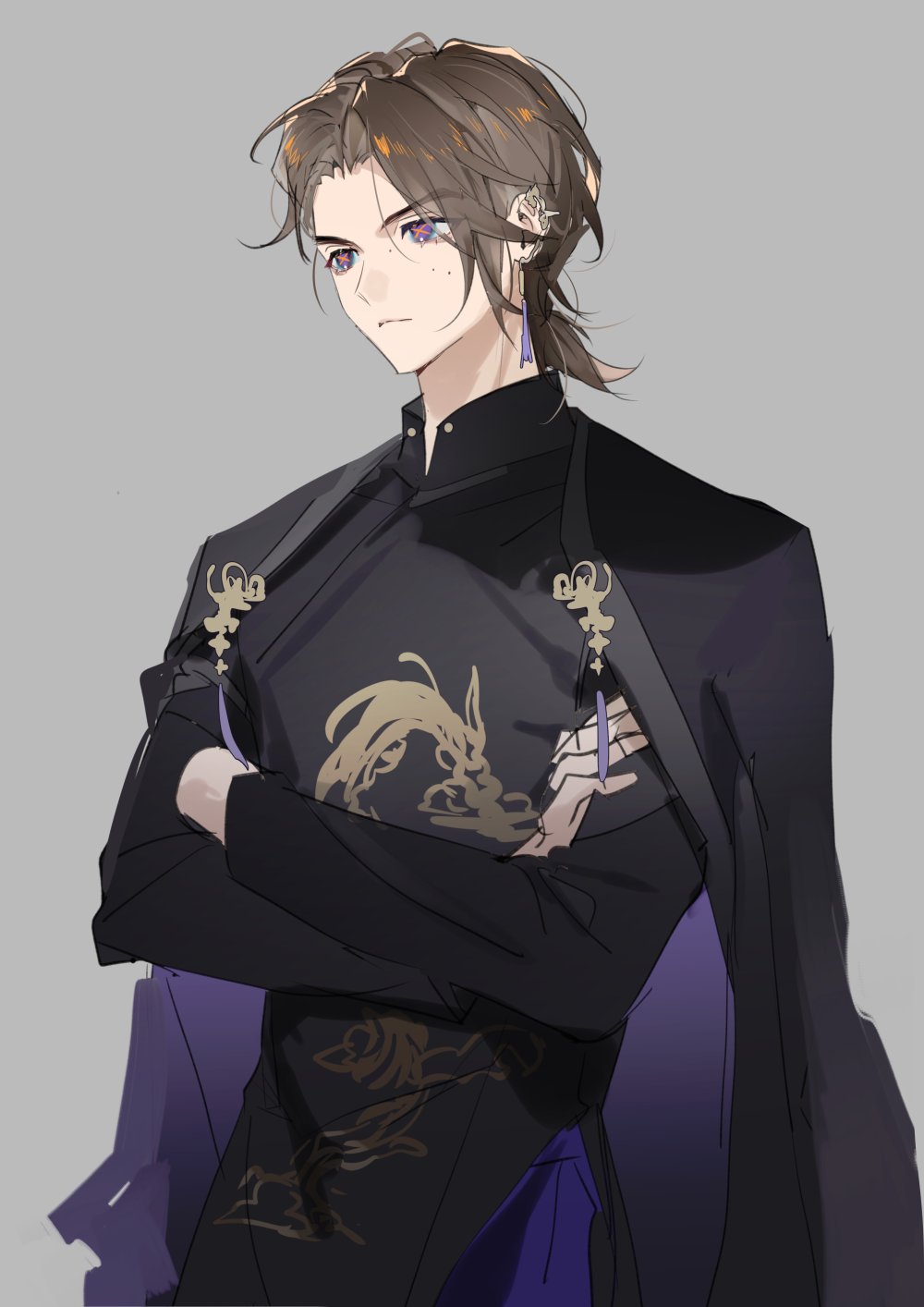 1boy adapted_costume alternate_costume alternate_universe azuma_michinaga cape cropped_legs crossed_arms doran_(doran7280) dragon dragon_print ear_piercing fantasy highres japanese_clothes kamen_rider kamen_rider_geats_(series) male_focus pants piercing ponytail purple_cape purple_eyes purple_pants upper_body