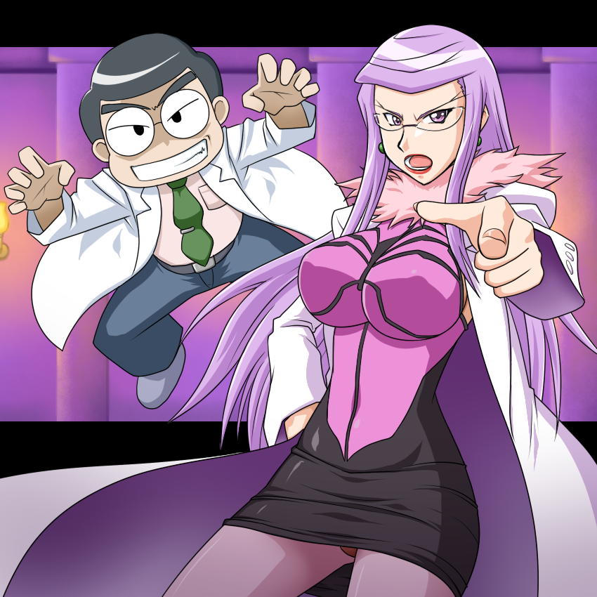 black_dress black_hair blue_pants breasts claw_pose coat commentary_request covered_navel denim dress earrings fingernails fur-trimmed_collar fur_trim glasses goriate green_necktie grin hand_on_own_hip impossible_clothes jeans jewelry jumping lab_coat large_breasts long_hair long_sleeves lower_teeth_only necktie open_clothes open_coat open_mouth orange_panties panties pants pantyhose pantyshot pointing pointing_at_viewer purple_dress purple_eyes purple_hair renkin_san-kyuu_magical_pokaan round_eyewear shirt short_hair sidelocks smile super_dr._k-ko teeth thick_eyebrows tie_clip two-tone_dress underwear very_long_hair white_coat white_shirt