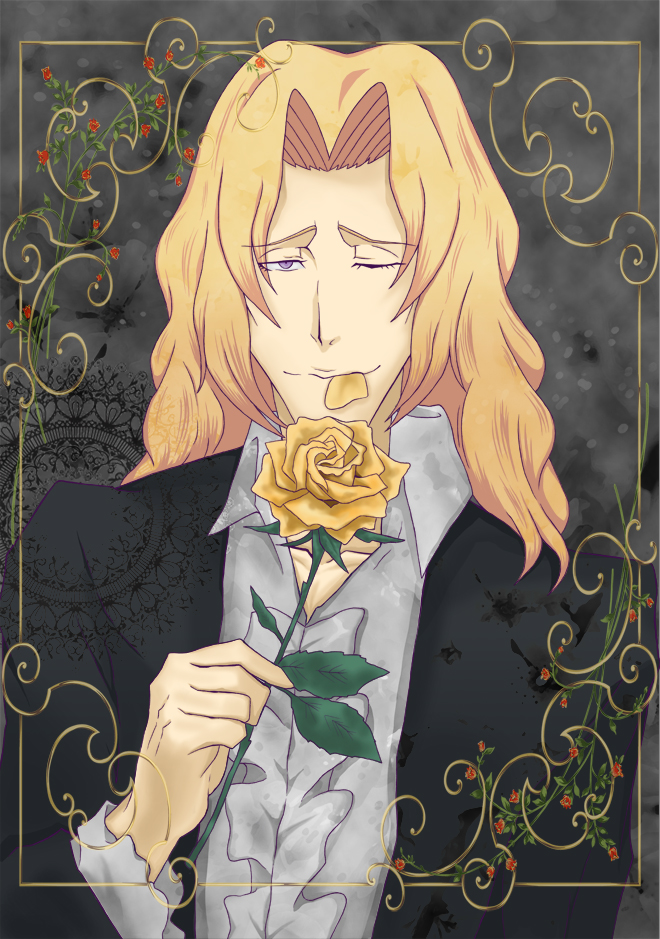 1boy bleach blonde_hair flower heliodor leaf long_hair male_focus md5_mismatch one_eye_closed ootoribashi_roujuurou petals purple_eyes rose rose_petals solo yellow_rose