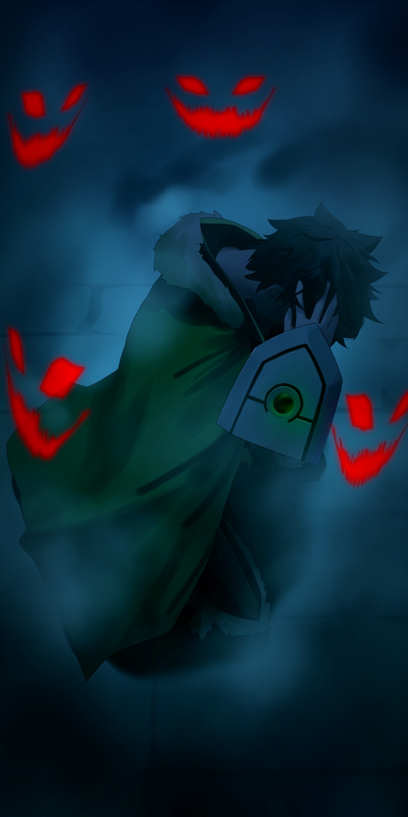 1boy armor black_hair black_shirt cape clothing_request commentary cryne english_commentary fog full_body fur-trimmed_armor fur-trimmed_cape fur_trim grabbing_own_hair green_cape highres iwatani_naofumi kneeling leather_armor looking_down male_focus messy_hair on_ground shield shirt short_hair solo tate_no_yuusha_no_nariagari