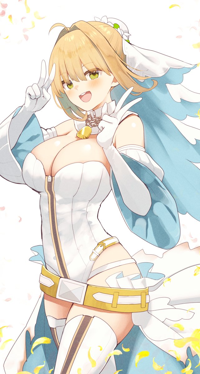 1girl ahoge bare_shoulders belt blonde_hair blush breasts chain cleavage detached_collar detached_sleeves elbow_gloves fate/grand_order fate_(series) flower_wreath gloves green_eyes hair_between_eyes hair_intakes head_wreath highleg highleg_leotard highres kujiran large_breasts leotard lock long_hair looking_at_viewer nero_claudius_(bride)_(fate) nero_claudius_(bride)_(second_ascension)_(fate) nero_claudius_(fate) open_mouth padlock petals puffy_sleeves smile solo thighhighs thighs veil white_gloves white_leotard white_thighhighs wide_sleeves zipper