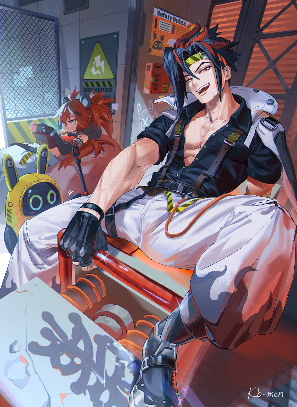 1boy 1girl animal_ears anton_ivanov armlet bean_bag_chair black_hair breasts caution elbow_gloves fangs fingerless_gloves food_in_mouth gloves headband highres jacket jewelry kb-mon koleda_belobog long_bangs looking_at_viewer medium_breasts mouse_ears multicolored_hair muscular muscular_male pants pectoral_cleavage pectorals red_eyes red_hair shoes suspenders sweat twintails zenless_zone_zero