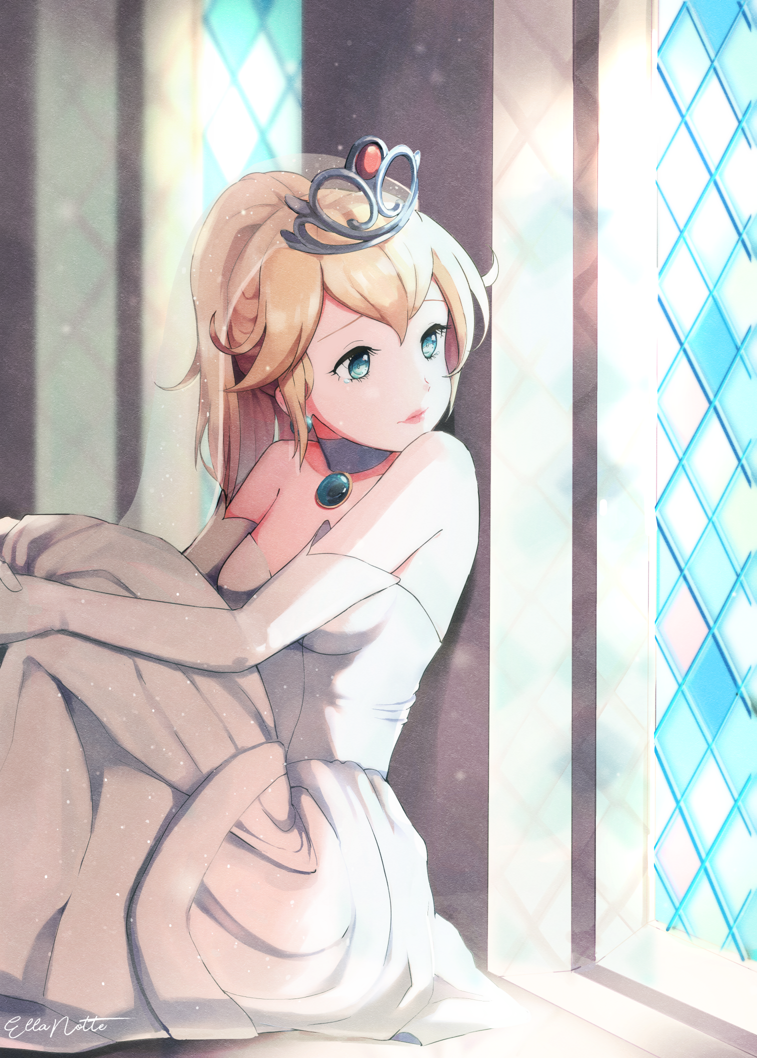 1girl artist_name bare_shoulders blonde_hair blue_eyes breasts bridal_veil bride choker closed_mouth collarbone dress earrings elbow_gloves ellanotte eyelashes gloves highres indoors jewelry knees_up lips looking_outside mario_(series) medium_breasts medium_hair nintendo pendant_choker pink_lips ponytail princess_peach signature sitting solo strapless strapless_dress super_mario_odyssey tearing_up tiara veil wedding_dress white_choker white_dress white_gloves window