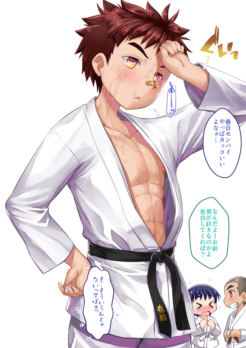 1girl 2boys belt black_belt commentary commentary_request dougi highres karate karate_gi long_sleeves martial_arts martial_arts_belt multiple_boys muscular muscular_child original red_hair short_hair simple_background speech_bubble sweat symbol-only_commentary takase_yuu translation_request uniform