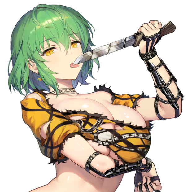 1girl arched_back arm_under_breasts breast_lift breasts brown_dust_(series) brown_dust_2 cleavage denim earrings eyebrows_hidden_by_hair female_focus green_eyes hair_between_eyes head_tilt hikage_(senran_kagura) holding holding_knife holding_weapon jewelry knife large_breasts licking licking_blade licking_weapon looking_at_viewer neck_tattoo official_art revealing_clothes senran_kagura shiny_skin short_hair short_sleeves skindentation slit_pupils snake_print solo tattoo tongue tongue_out torn_clothes transparent_background upper_body weapon yellow_eyes