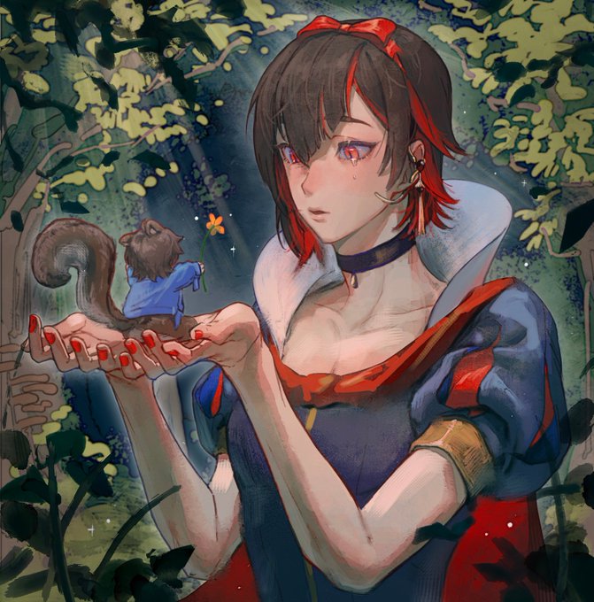 2boys animal animal_ears bow brown_hair chenyao4444444 choker cosplay crossdressing earrings eiden_(nu_carnival) flower forest holding holding_animal holding_flower jewelry looking_at_animal male_focus multicolored_hair multiple_boys nail_polish nature nu_carnival parted_lips puffy_short_sleeves puffy_sleeves red_hair short_hair short_sleeves snow_white_(cosplay) snow_white_(disney) snow_white_(disney)_(cosplay) squirrel squirrel_boy squirrel_ears squirrel_tail tail tearing_up trap tree upper_body yakumo_(nu_carnival)