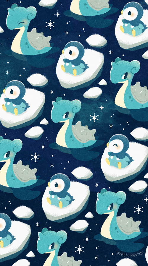 animal_focus black_eyes blush bright_pupils closed_eyes closed_mouth full_body gen_1_pokemon gen_4_pokemon iceberg lapras nintendo no_humans piplup pokemon pokemon_(creature) satsumapotato sitting snowflakes swimming twitter_username water white_pupils