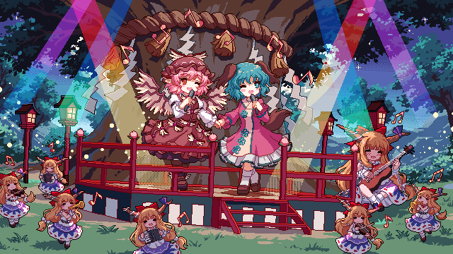 6+girls accordion animal_ears bird_ears bird_wings black_footwear brown_dress brown_eyes brown_footwear brown_hat brown_socks chain closed_eyes concert dog_ears dog_tail dress fireflies food fruit game_cg green_eyes green_hair hair_ribbon hat holding holding_microphone ibuki_suika instrument juliet_sleeves kasodani_kyouko kumio lantern loafers long_hair long_sleeves mary_janes medium_hair microphone mini_person minigirl mob_cap multiple_girls music musical_note mystia_lorelei night one_eye_closed orange_hair peach pink_dress pink_hair playing_guitar playing_instrument puffy_sleeves red_ribbon ribbon rope shimenawa shirt shoes singing sleeveless sleeveless_shirt socks stage stage_lights tail third-party_source touhou touhou_mystia&#039;s_izakaya tree trumpet under_tree violin white_shirt white_socks white_wrist_cuffs wide_sleeves wings wrist_cuffs