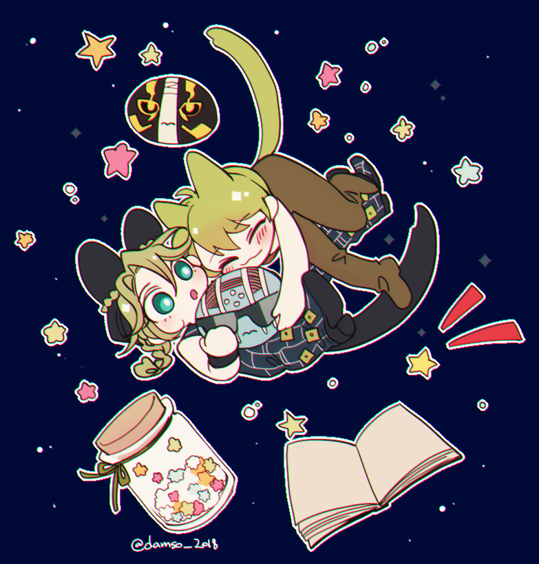 2girls :3 animal_ears black_hair blue_eyes blush book candy cat_ears cat_tail chibi double_bun floating foo_fighters_(jojo) foo_fighters_(stand) food green_hair hair_bun jar jojo_no_kimyou_na_bouken kemonomimi_mode konpeitou kuujou_jolyne multicolored_hair multiple_girls sempon_(doppio_note) space spider_web_print stand_(jojo) stone_free stone_ocean sunglasses tail two-tone_hair