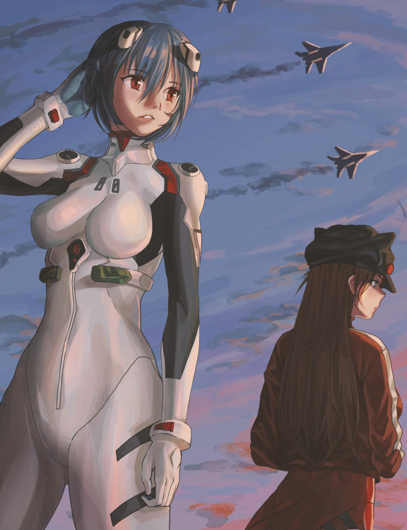 2girls aircraft airplane animal_hat ass ayanami_rei back-to-back blue_eyes blue_hair blue_sky bodysuit breasts brown_hair cat_hat evangelion:_3.0+1.0_thrice_upon_a_time evangelion:_3.0_you_can_(not)_redo fighter_jet flying gloves hair_ornament hairclip hand_in_pocket hand_up hat long_hair mecha_pilot_suit mig-29 military military_vehicle multiple_girls neon_genesis_evangelion plugsuit_(evangelion) rebuild_of_evangelion red_eyes sky souryuu_asuka_langley standing thigh_gap