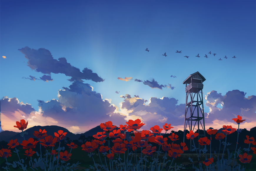bird blue_sky cloud cloudy_sky commentary_request flock flower grass mizuasagi morning mountainous_horizon no_humans original outdoors red_flower scenery sky sunlight tower