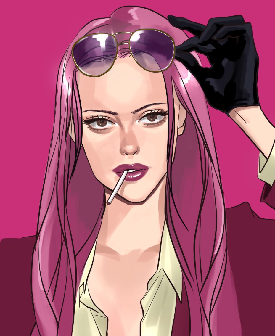1girl black_gloves cigarette close-up collared_shirt commentary_request eyelashes eyewear_on_head formal_clothes gloves hina_(one_piece) long_hair looking_at_viewer one_piece pink_background pink_hair pink_lips pink_suit popsweetyio shirt simple_background solo suit upper_body white_shirt