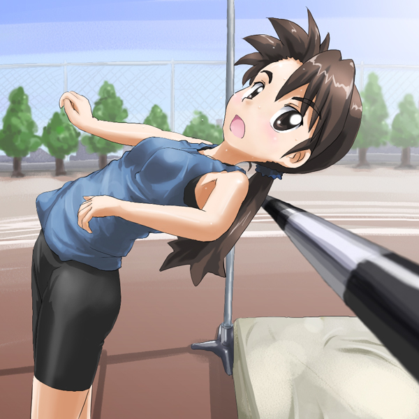1girl bike_shorts brown_eyes brown_hair female_focus foreshortening futaba_channel high_jump jumping modoi nijiura_maids ponytail solo tanada-bon track_and_field