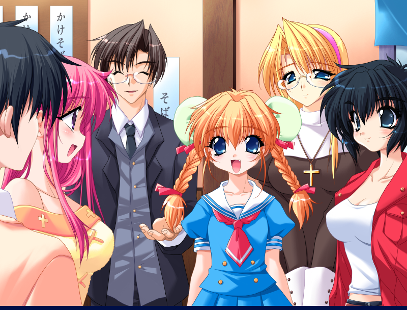 2boys 4girls black_hair blonde_hair blue_eyes blush cross daikokuya_kyouko downhill_night emily_(pure_dream) fang game_cg konosaki_michi kotosato_yuuna multiple_boys multiple_girls nun pink_hair short_hair top_(company) twintails yano_maria