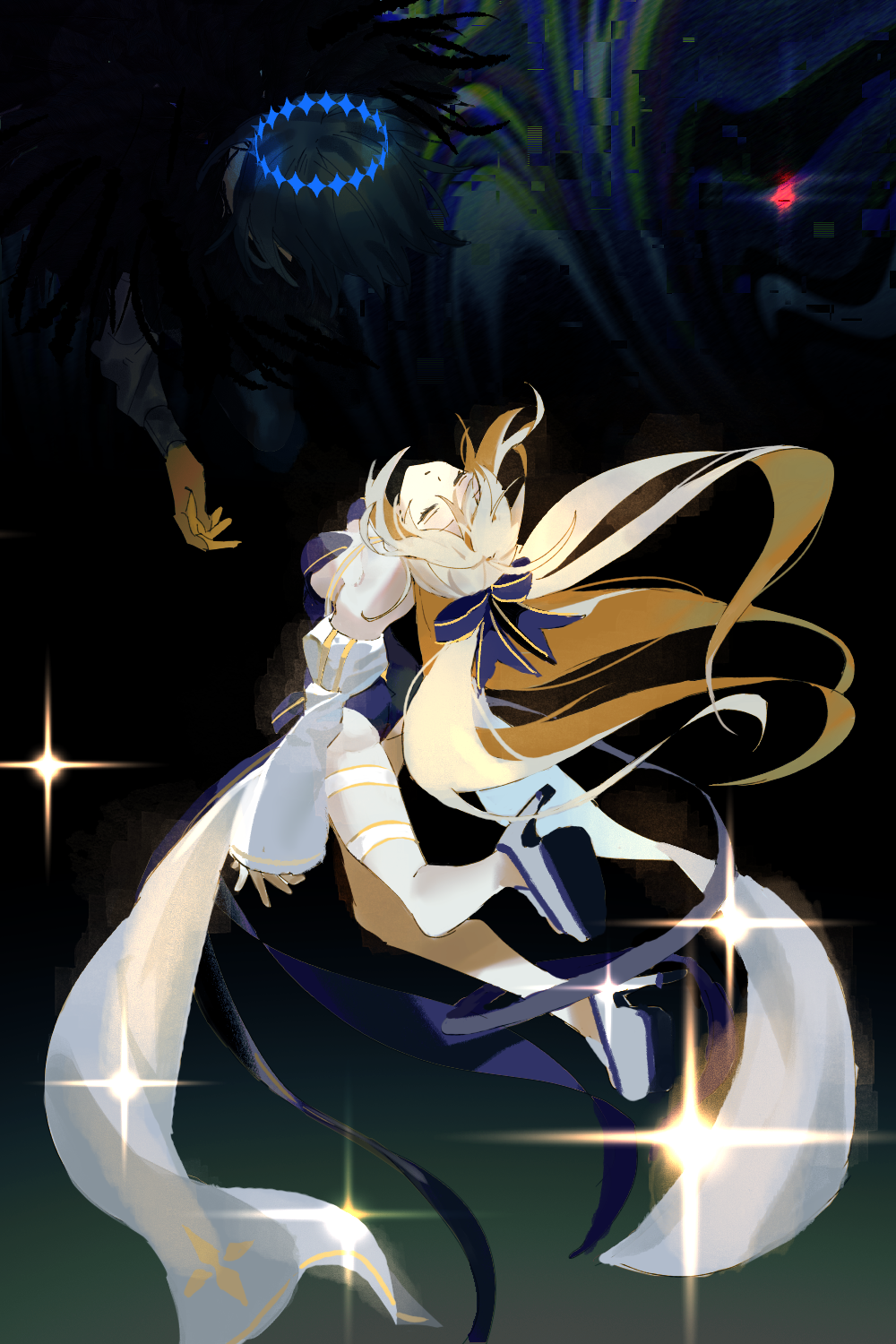 1boy 1girl artoria_caster_(fate) artoria_caster_(swimsuit_berserker)_(fate) artoria_caster_(swimsuit_berserker)_(third_ascension)_(fate) artoria_pendragon_(fate) black_hair blonde_hair closed_eyes fate/grand_order fate_(series) highres long_hair oberon_(fate) oberon_(third_ascension)_(fate) short_hair ss_un17