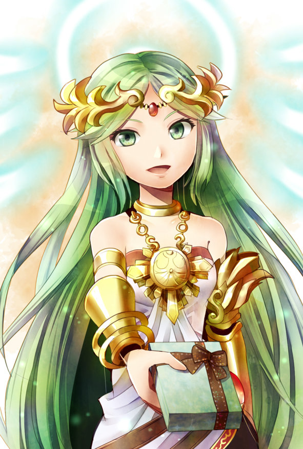 1girl :d ancient_greek_clothes armlet azumi_(tks-sd) blue_halo box chain circlet gift gift_box gold_armlet gold_chain greco-roman_clothes green_eyes green_hair halo holding holding_box holding_gift jewelry kid_icarus kid_icarus_uprising middle_part neck_ring nintendo open_mouth palutena sidelocks smile solo upper_body vambraces