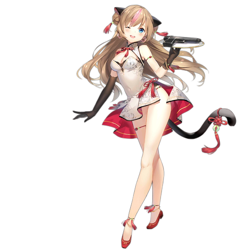 1girl ;d anklet asymmetrical_gloves bare_legs black_gloves blue_eyes breasts brown_hair cat_tail china_dress chinese_clothes cleavage cleavage_cutout clothing_cutout covered_navel double_bun dress earrings elbow_gloves female_focus full_body girls&#039;_frontline gloves gun h&amp;k_mark_23 hair_bun handgun heart heart_earrings heckler_&amp;_koch jewelry looking_at_viewer match_grade match_grade_firearm match_grade_pistol medium_breasts mk23_(girls&#039;_frontline) mk23_(honey_flower)_(girls&#039;_frontline) multicolored_hair offensive_handgun official_alternate_costume official_art one_eye_closed open_mouth ribbon sheska_xue short_dress single_elbow_glove smile solo standing streaked_hair tail tail_ornament tail_ribbon thighlet transparent_background uneven_gloves weapon white_dress