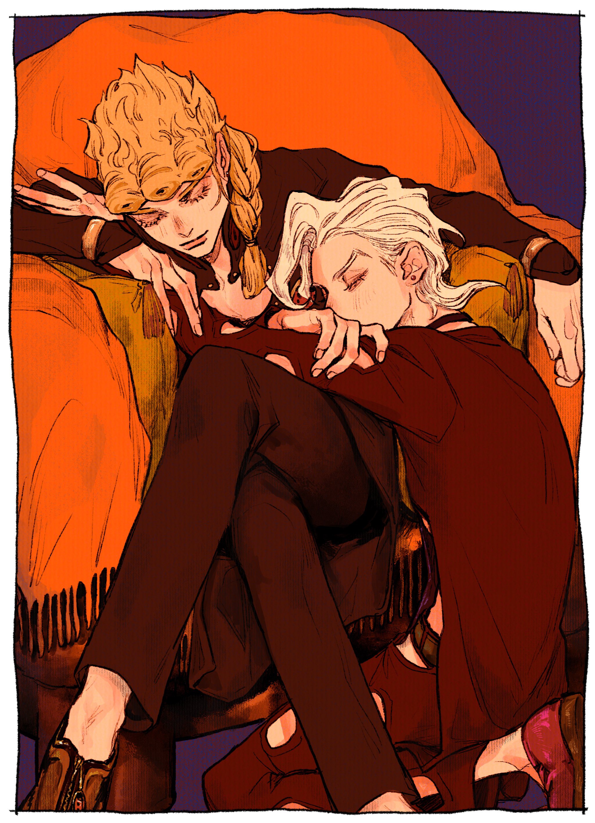 2boys absurdres belt black_jacket black_pants black_shirt blonde_hair border braid chair choker closed_eyes clothing_cutout crossed_legs earrings giorno_giovanna highres jacket jewelry jojo_no_kimyou_na_bouken long_hair male_focus multiple_boys okokoro_zaiku pannacotta_fugo pants shirt sitting sleeping sleeping_on_person sleeves_past_wrists stud_earrings vento_aureo victory_rolls white_border white_hair