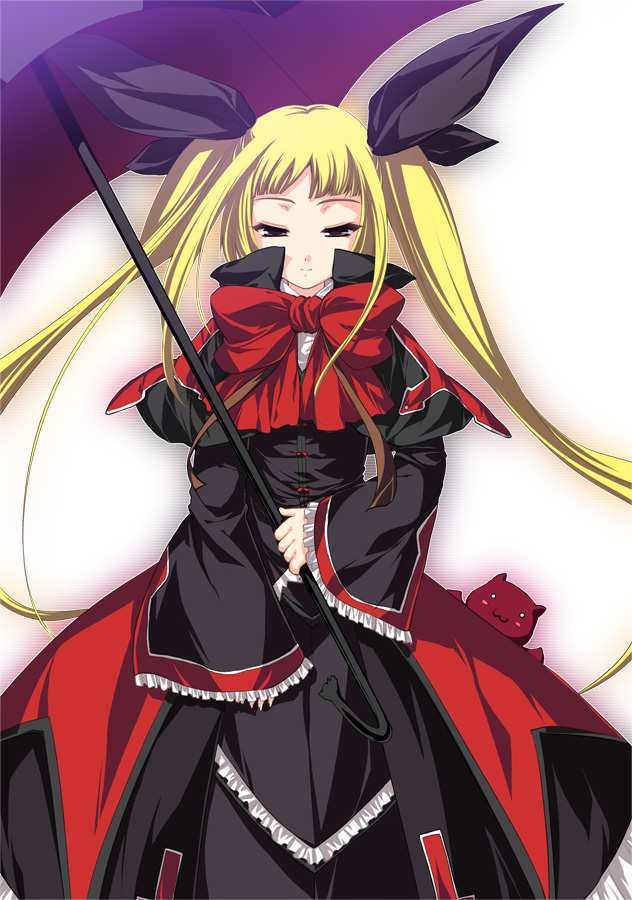 1girl arc_system_works bad_id bad_pixiv_id blazblue blonde_hair female_focus gii long_hair ookami_ryousuke purple_eyes rachel_alucard ribbon solo twintails umbrella zevzev