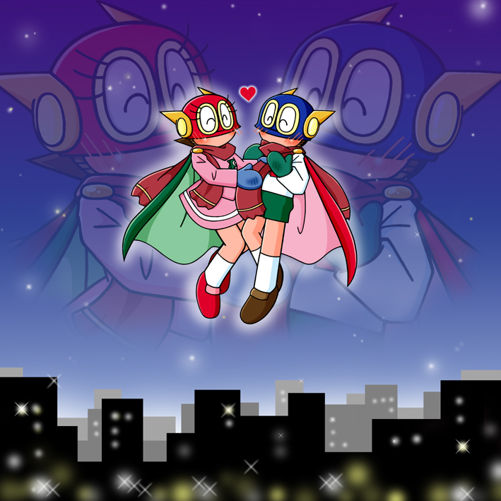 1boy 1girl blush cape child cityscape flying heart hoshino_sumire mask mittens night perman perman_(series) scarf sky star_(symbol) suwa_mitsuo valentine yasuki70
