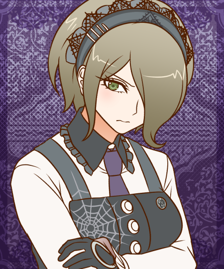 1girl apron badge black_apron black_gloves black_hairband blonde_hair breasts buttons closed_mouth collared_shirt commentary_request crossed_arms danganronpa_(series) danganronpa_v3:_killing_harmony eyelashes frilled_hairband frilled_shirt_collar frilled_sleeves frills gloves green_eyes hair_over_one_eye hairband lace-trimmed_hairband lace_trim large_breasts long_sleeves looking_at_viewer necktie o-ring purple_background purple_necktie shirt short_hair sleeves_past_wrists solo spider_web_print tojo_kirumi upper_body wavy_mouth white_shirt yumaru_(marumarumaru)