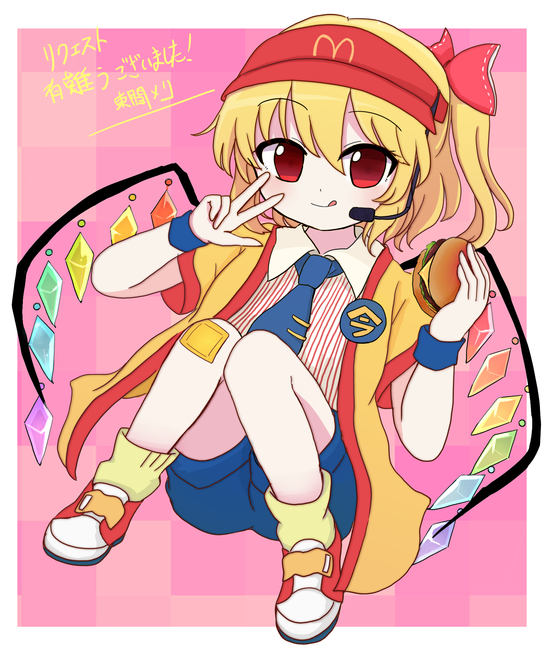1girl :q azuma_meri badge blonde_hair blue_necktie blue_shorts blush burger button_badge closed_mouth collared_shirt commentary_request commission cosplay crystal_wings flandre_scarlet food full_body hair_between_eyes hair_ribbon happi hat headset highres holding holding_burger holding_food imadake_dabuchi_tabemi imadake_dabuchi_tabemi_(cosplay) japanese_clothes looking_at_viewer mcdonald's multicolored_wings necktie open_clothes open_happi pixiv_commission red_eyes red_hat red_ribbon red_shoes ribbon shirt shoes short_hair short_sleeves shorts side_ponytail sneakers socks solo striped_clothes striped_shirt tie_clip tongue tongue_out touhou translation_request vertical-striped_clothes vertical-striped_shirt visor_cap w white_shirt wings wristband yellow_happi yellow_socks