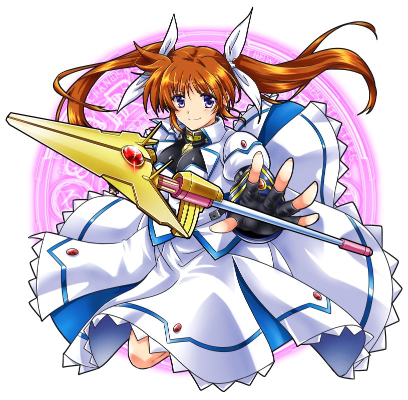 1girl black_gloves brown_hair closed_mouth commentary_request fingerless_gloves gloves hair_ribbon jacket juliet_sleeves long_hair long_sleeves looking_to_the_side lyrical_nanoha magic_circle magical_girl mahou_shoujo_lyrical_nanoha_strikers medium_skirt puffy_sleeves purple_eyes raising_heart raising_heart_(exceed_mode) ribbon san-pon skirt smile solo standing takamachi_nanoha takamachi_nanoha_(exceed_mode) white_background white_jacket white_ribbon white_skirt