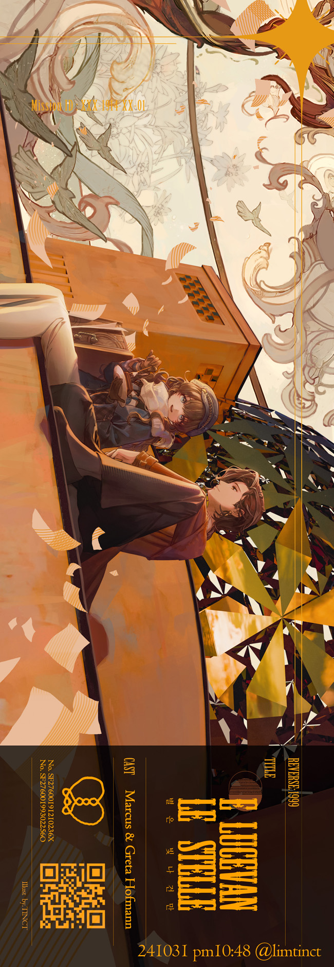 2girls :d bird black_footwear black_skirt blue_coat blue_eyes blue_neckerchief brown_coat brown_gloves brown_hair building newsboy_cap cake cake_slice character_name coat dress elbow_on_knee english_text flower flying_paper food fork gloves greta_hofmann grey_hat hat highres hofmann_knot holding holding_fork holding_plate italian_text korean_text long_dress long_hair long_skirt looking_at_another marcus_(reverse:1999) multiple_girls neckerchief open_mouth paper plate profile qr_code reverse:1999 sachertorte_(food) scarf short_hair sideways sitting skirt smile tinct white_dress white_scarf wide_shot yellow_background