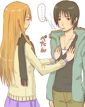 2girls androgynous ayase_asagi bad_id bad_pixiv_id black_hair blonde_hair breasts brown_hair cigarette flat_chest flat_chest_grab frown grabbing_another&#039;s_breast groping hood hooded_jacket jacket kajiki_nora long_hair lowres multiple_girls norabako8 reverse_trap scarf short_hair simple_background smoking sweater torako_(yotsubato!) white_background yotsubato! yuri