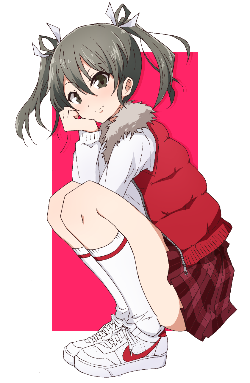 1girl alternate_costume border from_side green_eyes green_hair hair_between_eyes hair_ribbon highres kantai_collection long_hair looking_at_viewer looking_to_the_side nel-c nike_(company) pink_background plaid_clothes plaid_skirt red_skirt red_vest ribbon shoes simple_background skirt smile sneakers socks squatting sweater thighs twintails vest white_border white_ribbon white_socks white_sweater zuikaku_(kancolle)