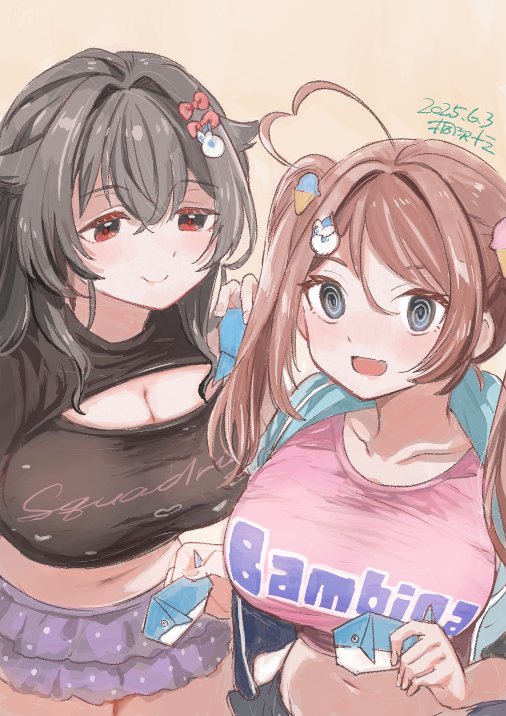 2girls @_@ ahoge black_hair breasts brown_hair chougei_(kancolle) cleavage cleavage_cutout clothing_cutout cosplay derivative_work grecale_(kancolle) grecale_(kancolle)_(cosplay) grey_eyes hair_flaps hair_ornament heart heart_ahoge highres jingei_(kancolle) kantai_collection kirisawa_juuzou large_breasts libeccio_(kancolle) libeccio_(kancolle)_(cosplay) long_hair multiple_girls navel origami pink_shirt pleated_skirt purple_skirt red_eyes shirt skirt twintails whale_hair_ornament