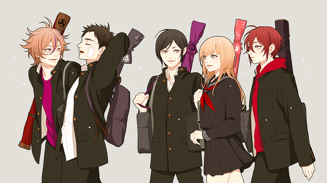 10s 5boys atsushi_toushirou backpack bag bandage_on_face bandages black_hair black_serafuku blonde_hair blue_eyes brown_eyes brown_hair closed_eyes gakuran gotou_toushirou grey_background male_focus midare_toushirou multiple_boys open_mouth pleated_skirt purple_eyes red_hair school_bag school_uniform serafuku shinano_toushirou simple_background skirt smile touken_ranbu trap twoframe walking yagen_toushirou