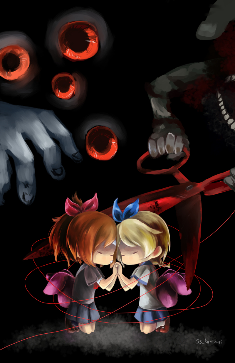 2girls animal_ears bandage_on_face bandages black_shirt blue_ribbon chibi dark_background extra_arms extra_eyes closed_eyes forehead-to-forehead hair_ribbon haru_(yomawari) heads_together highres holding_hands interlocked_fingers kneeling monster multiple_girls multiple_hands open_mouth pleated_skirt ponytail rabbit_ears red_eyes red_ribbon ribbon s_kumi2uri school_uniform scissors shin_yomawari shirt short_sleeves skirt string string_of_fate teeth white_shirt yomawari_(series) yui_(yomawari)